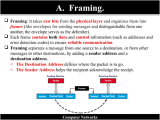 A. Framing.
 Framing: It takes raw bits from the physical layer and organizes them into
frames (like envelopes for sending messages and distinguishable from one
another, the envelope serves as the delimiter).
 Each frame contains both data and control information (such as addresses and
error detection codes) to ensure reliable communication.
 Framing separates a message from one source to a destination, or from other
messages to other destinations, by adding a sender address and a
destination address.
o The Destination Address defines where the packet is to go.
o The Sender Address helps the recipient acknowledge the receipt.
Computer Networks
 