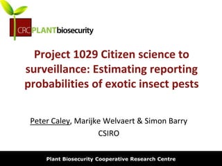 biosecurity built on science
Project 1029 Citizen science to
surveillance: Estimating reporting
probabilities of exotic insect pests
Peter Caley, Marijke Welvaert & Simon Barry
CSIRO
Plant Biosecurity Cooperative Research Centre
 