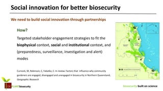 biosecurity built on science
How?
Targeted stakeholder engagement strategies to fit the
biophysical context, social and institutional context, and
(preparedness, surveillance, investigation and alert)
modes
Curnock, M, Robinson, C, Fabatko, C. In review. Factors that influence why community
gardeners are engaged, disengaged and unengaged in biosecurity in Northern Queensland,
Geographic Research
Social innovation for better biosecurity
We need to build social innovation through partnerships
 