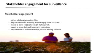 biosecurity built on science
Stakeholder engagement for surveillance
Stakeholder engagement
• drives collaborative partnerships
• key mechanism for assessing and managing biosecurity risks
• needs to occur across all decision-making levels
• needs to occur during all biosecurity operations
• requires time to build relationships, mutual learning and trust
 