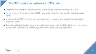 8
Source(s):
1 Footnote
2 Footnote
The NBB production network + CBSS data
◆ Sample of firms : Belgian firms with at least 10 FTE during one year between 2002-2014
◆ For each sample firms with at least 10 FTE : avg, wage by worker type (gender, age, education,
status)
◆ + Sample of 500,000 individuals that worked at least one quarter in a sampled firm during the
2002-2014 period
◆ For each individual : his/her wage and employment history over the 2002-2014 period, employer
id, individual characteristics (gender, age, education, status, working experience)
 