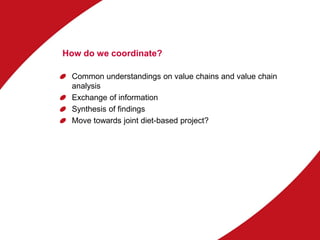 How do we coordinate?
Common understandings on value chains and value chain
analysis
Exchange of information
Synthesis of ...