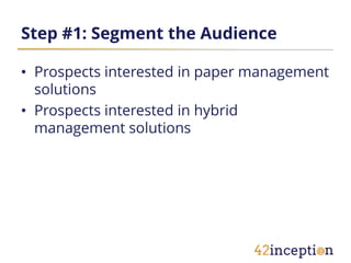 Step #1: Segment the Audience

• Prospects interested in paper management
  solutions
• Prospects interested in hybrid
  management solutions
 