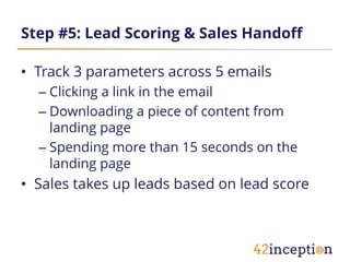 Step #5: Lead Scoring & Sales Handoff

• Track 3 parameters across 5 emails
  – Clicking a link in the email
  – Downloading a piece of content from
    landing page
  – Spending more than 15 seconds on the
    landing page
• Sales takes up leads based on lead score
 