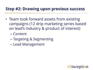 Step #2: Drawing upon previous success

• Team took forward assets from existing
  campaigns (12 drip marketing series based
  on lead’s industry & product of interest)
  – Content
  – Targeting & Segmenting
  – Lead Management
 