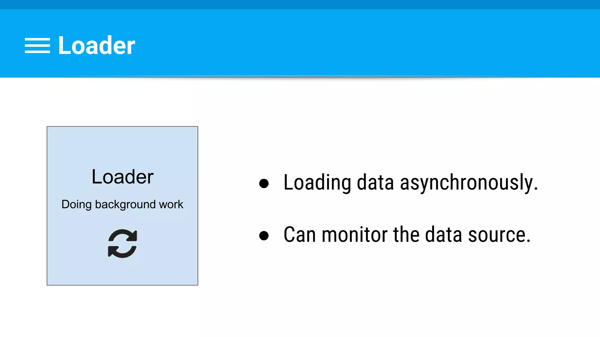 Loader
Loader
Doing background work
● Loading data asynchronously.
● Can monitor the data source.
 