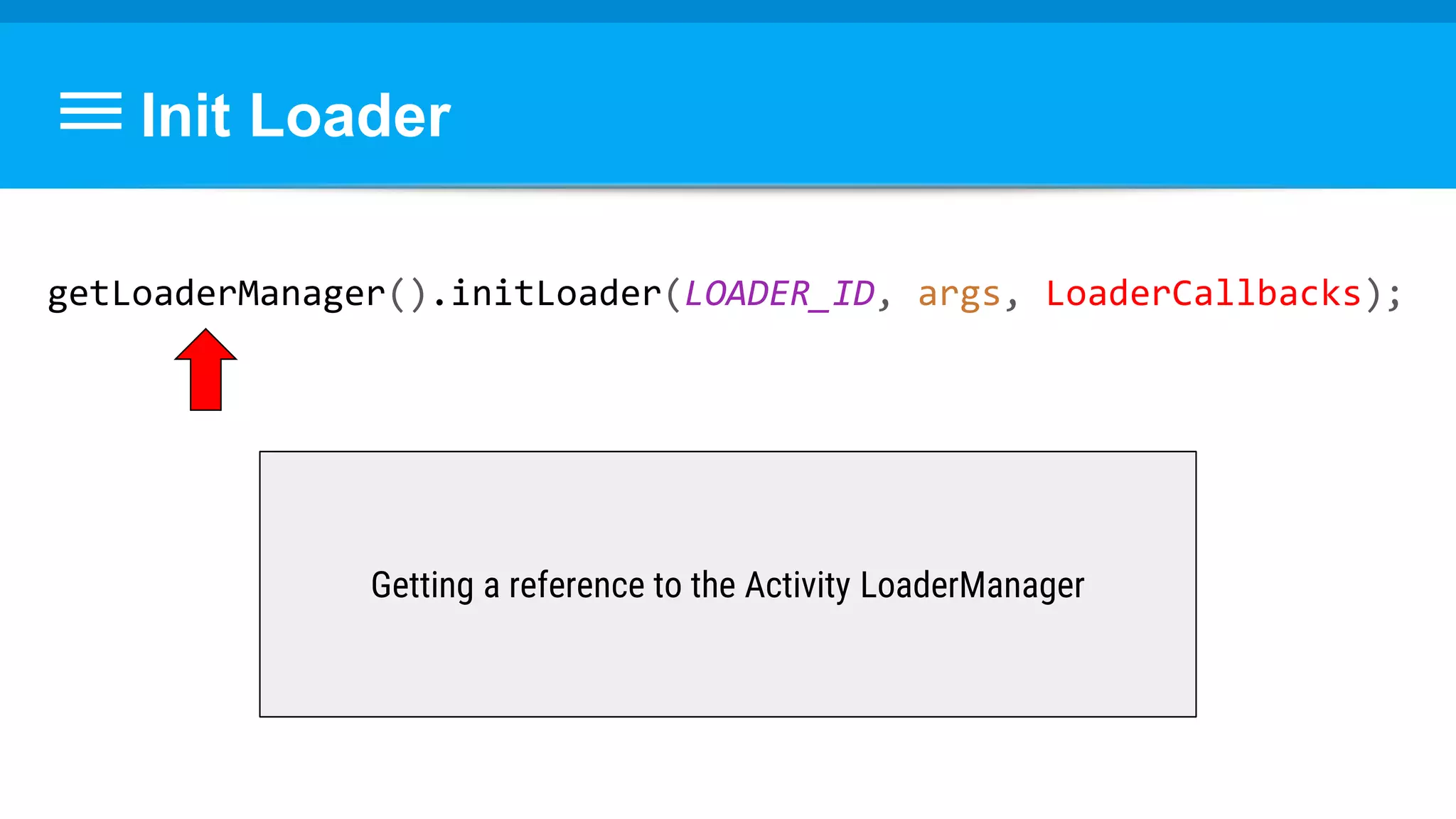 Init Loader
getLoaderManager().initLoader(LOADER_ID, args, LoaderCallbacks);
Getting a reference to the Activity LoaderManager
 