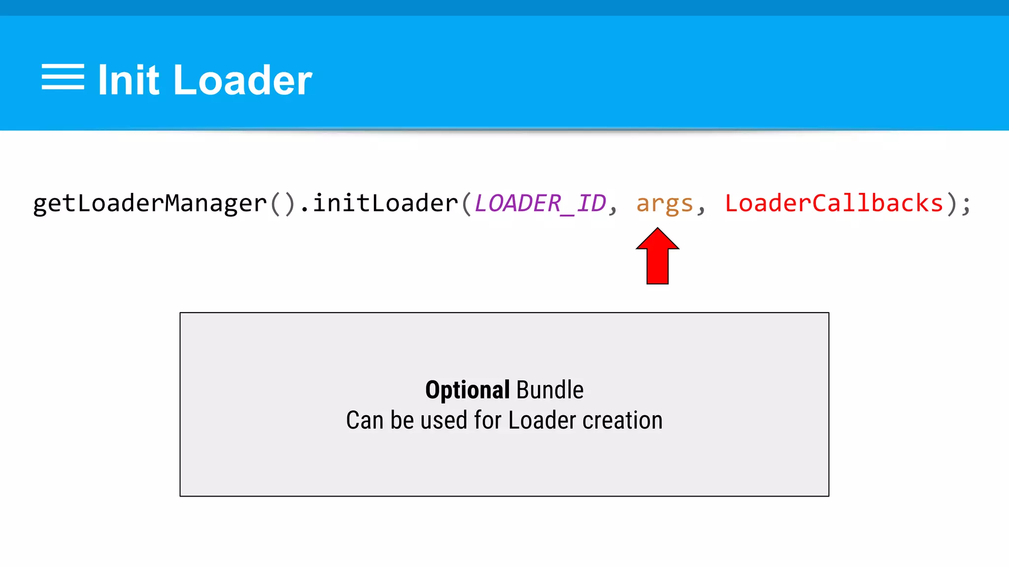 Init Loader
getLoaderManager().initLoader(LOADER_ID, args, LoaderCallbacks);
Optional Bundle
Can be used for Loader creation
 