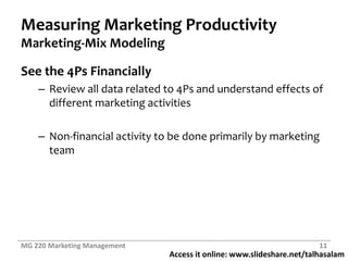 Measuring Marketing ProductivityMarketing-Mix ModelingSee the 4Ps FinanciallyReview all data related to 4Ps and understand effects of different marketing activitiesNon-financial activity to be done primarily by marketing teamMG 220 Marketing Management11