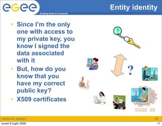 Entity identity
                       Enabling Grids for E-sciencE




       • Since I’m the only
         one with access to
         my private key, you
         know I signed the
         data associated
         with it
       • But, how do you
         know that you
                                                           ?
         have my correct
         public key?
       • X509 certificates

INFSO-RI-508833                                                     13
lunedì 6 luglio 2009                                                 11
 