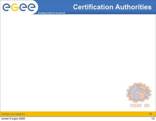 Certification Authorities
                       Enabling Grids for E-sciencE




INFSO-RI-508833                                                               16
lunedì 6 luglio 2009                                                           13
 