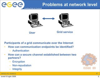 Problems at network level
                       Enabling Grids for E-sciencE




                              User                          Grid service


    Participants of a grid communicate over the Internet
    • How can communication endpoints be identified?
        – Authentication
    • How can a secure channel established between two
      partners?
        – Encryption
        – Non-repudiation
        – Integrity
INFSO-RI-508833                                                               4
lunedì 6 luglio 2009                                                              5
 