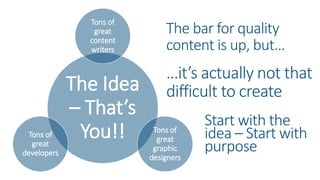 The bar for quality
content is up, but…
…it’s actually not that
difficult to createThe Idea
– That’s
You!!
Tons of
great
content
writers
Tons of
great
graphic
designers
Tons of
great
developers
Start with the
idea – Start with
purpose
 