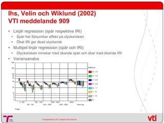 Ihs, Velin och Wiklund (2002)
VTI meddelande 909
• Linjär regression (spår respektive IRI)
 •   Spår har försumbar effekt ...