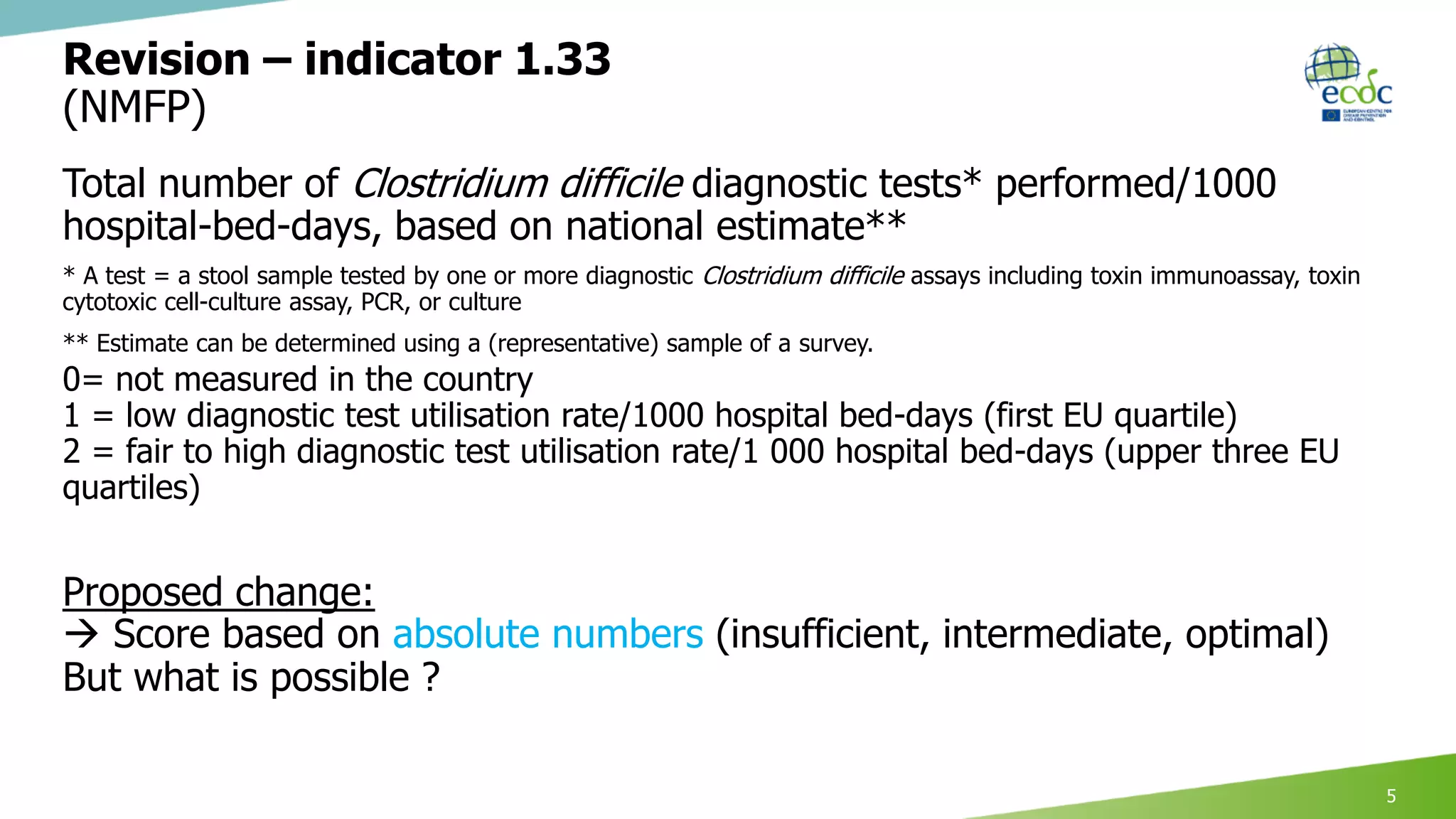 Revision – indicator 1.33
(NMFP)
Total number of Clostridium difficile diagnostic tests* performed/1000
hospital-bed-days, based on national estimate**
* A test = a stool sample tested by one or more diagnostic Clostridium difficile assays including toxin immunoassay, toxin
cytotoxic cell-culture assay, PCR, or culture
** Estimate can be determined using a (representative) sample of a survey.
0= not measured in the country
1 = low diagnostic test utilisation rate/1000 hospital bed-days (first EU quartile)
2 = fair to high diagnostic test utilisation rate/1 000 hospital bed-days (upper three EU
quartiles)
Proposed change:
 Score based on absolute numbers (insufficient, intermediate, optimal)
But what is possible ?
5
 