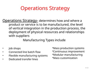 8-14
Operations Strategy- determines how and where a
product or service is to be manufactured, the level
of vertical integration in the production process, the
deployment of physical resources and relationships
with suppliers
Manufacturing Types include
• Job shops
• Connected line batch flow
• Flexible manufacturing systems
• Dedicated transfer lines
•Mass production systems
•Continuous improvement
•Modular manufacturing
•Mass customization
Operations Strategy
 