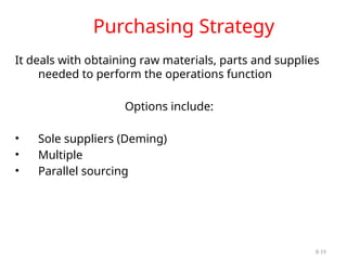 8-19
It deals with obtaining raw materials, parts and supplies
needed to perform the operations function
Options include:
• Sole suppliers (Deming)
• Multiple
• Parallel sourcing
Purchasing Strategy
 