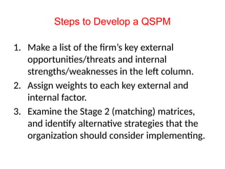Steps to Develop a QSPM
1. Make a list of the firm’s key external
opportunities/threats and internal
strengths/weaknesses in the left column.
2. Assign weights to each key external and
internal factor.
3. Examine the Stage 2 (matching) matrices,
and identify alternative strategies that the
organization should consider implementing.
 