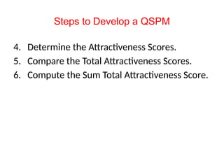 Steps to Develop a QSPM
4. Determine the Attractiveness Scores.
5. Compare the Total Attractiveness Scores.
6. Compute the Sum Total Attractiveness Score.
 