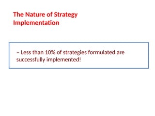 – Less than 10% of strategies formulated are
successfully implemented!
The Nature of Strategy
Implementation
 