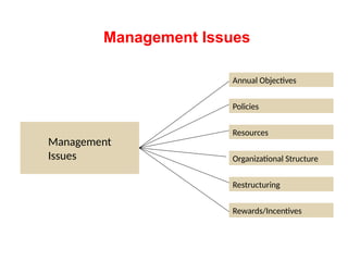 Management Issues
Management
Issues
Resources
Organizational Structure
Restructuring
Rewards/Incentives
Annual Objectives
Policies
 