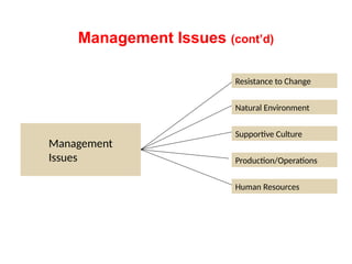 Management Issues (cont’d)
Management
Issues
Supportive Culture
Production/Operations
Human Resources
Resistance to Change
Natural Environment
 