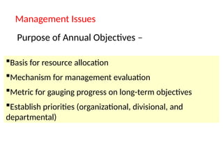 Management Issues
Purpose of Annual Objectives –
Basis for resource allocation
Mechanism for management evaluation
Metric for gauging progress on long-term objectives
Establish priorities (organizational, divisional, and
departmental)
 