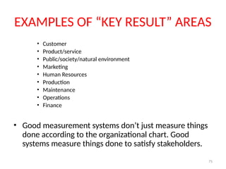 75
EXAMPLES OF “KEY RESULT” AREAS
• Customer
• Product/service
• Public/society/natural environment
• Marketing
• Human Resources
• Production
• Maintenance
• Operations
• Finance
• Good measurement systems don’t just measure things
done according to the organizational chart. Good
systems measure things done to satisfy stakeholders.
 