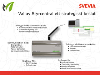 Val av Styrcentral ett strategiskt beslut

          Inbyggd GPRS-kommunikation
             • Kommunikation med driftcentral
             • Autonom styrning vid
               kommunikationsbortfall




Kommunikation med:
 •    Energimätare                                       Inbyggd elnätskommunikation
 •    Nätanalysator                                        • Enskilda armaturer
 •    Power Controller                                     • Skyltar
 •    Larmsystem/trafikljus                                • Evenemang




                   Utgångar för:                Ingångar för:
                     • Till-/Frånslag            •   Ljusrelä/sensor
                     • Enfas/trefas              •   Tänd/släckåterföring
                                                 •   Öppen skåpdörr
                                                 •   Hand/Auto-omkopplare

 11
 
