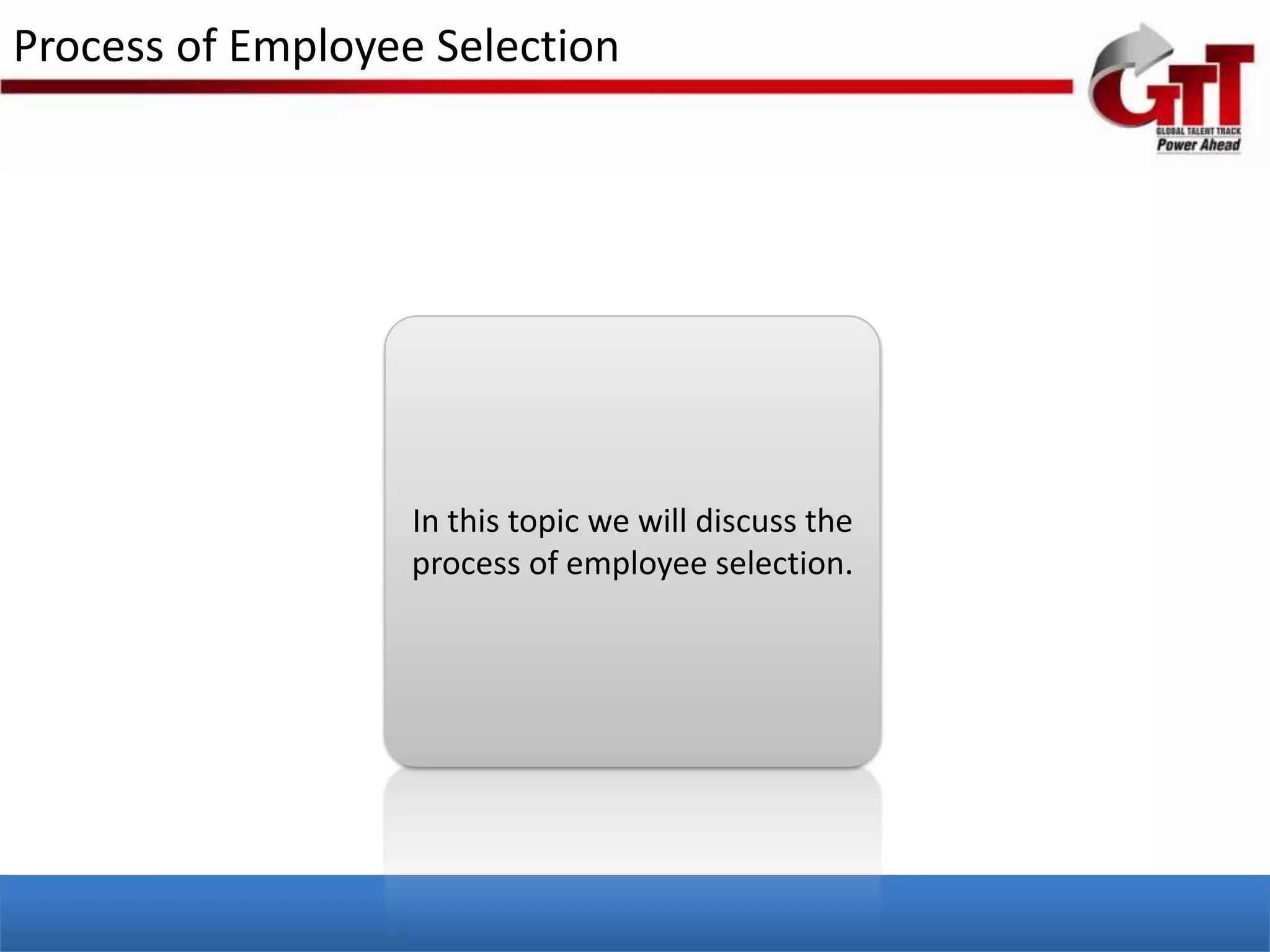 Process of Employee Selection




                   In this topic we will discuss the
                   process of employee selection.
 