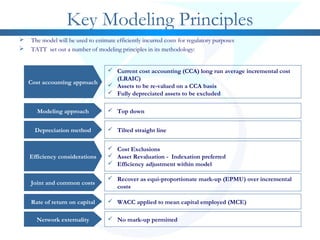 Key Modeling Principles
Cost accounting approach
Modeling approach
Depreciation method
 Current cost accounting (CCA) long run average incremental cost
(LRAIC)
 Assets to be re-valued on a CCA basis
 Fully depreciated assets to be excluded
 Top down
 Tilted straight line
Efficiency considerations
Joint and common costs
Rate of return on capital
 Cost Exclusions
 Asset Revaluation - Indexation preferred
 Efficiency adjustment within model
 Recover as equi-proportionate mark-up (EPMU) over incremental
costs
 WACC applied to mean capital employed (MCE)
Network externality  No mark-up permitted
 The model will be used to estimate efficiently incurred costs for regulatory purposes
 TATT set out a number of modeling principles in its methodology:
 