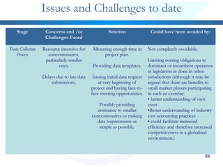 3939
Issues and Challenges to date
Stage Concerns and /or
Challenges Faced
Solution Could have been avoided by:
Data Collection
Process
Resource intensive for
concessionaires,
particularly smaller
ones.
Delays due to late data
submissions.
Allocating enough time in
project plan.
Providing data templates.
Issuing initial data request
at very beginning of
project and having face-to-
face meeting opportunities.
Possibly providing
assistance to smaller
concessionaires or making
data requirements as
simple as possible.
Not completely avoidable.
Limiting costing obligations to
dominant or incumbent operators
in legislation as done in other
jurisdictions (although it may be
argued that there are benefits to
small market players participating
in such an exercise:
• better understanding of own
costs
•Better understanding of industry
cost accounting practices
• could facilitate increased
efficiency and therefore increased
competitiveness in a globalised
environment.)
 