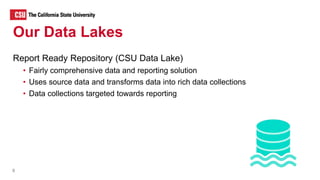 Report Ready Repository (CSU Data Lake)
• Fairly comprehensive data and reporting solution
• Uses source data and transforms data into rich data collections
• Data collections targeted towards reporting
8
Our Data Lakes
 