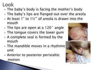  The baby’s body is facing the mother’s body
 The baby’s lips are flanged out over the areola
 At least 1” to 1½’’ of areola is drawn into the
mouth
 The lips are open at a 120˚ angle
 The tongue covers the lower gum
 A complete seal is formed by the
mouth
 The mandible moves in a rhythmic
unit
 Anterior to posterior peristaltic
motion
Source: B. Wilson-Clay/K. Hoover
 