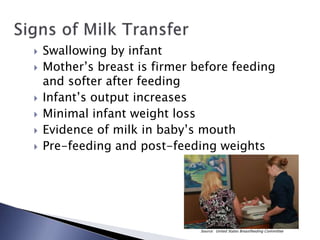  Swallowing by infant
 Mother’s breast is firmer before feeding
and softer after feeding
 Infant’s output increases
 Minimal infant weight loss
 Evidence of milk in baby’s mouth
 Pre-feeding and post-feeding weights
Source: United States Breastfeeding Committee
 