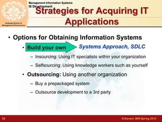 Systems Approach, SDLC 
N.Karami, MIS-Spring 2012 
Management Information Systems 
IS Development 
Graduate School of 
Management & Economics 
10 
Strategies for Acquiring IT 
Applications 
• Options for Obtaining Information Systems 
• Build your own 
– Insourcing: Using IT specialists within your organization 
– Selfsourcing: Using knowledge workers such as yourself 
• Outsourcing: Using another organization 
– Buy a prepackaged system 
– Outsource development to a 3rd party 
 