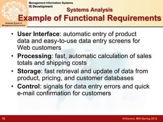 N.Karami, MIS-Spring 2012 
Management Information Systems 
IS Development 
Graduate School of 
Management & Economics 
16 
Systems Analysis 
Example of Functional Requirements 
• User Interface: automatic entry of product 
data and easy-to-use data entry screens for 
Web customers 
• Processing: fast, automatic calculation of sales 
totals and shipping costs 
• Storage: fast retrieval and update of data from 
product, pricing, and customer databases 
• Control: signals for data entry errors and quick 
e-mail confirmation for customers 
 