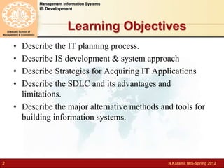 N.Karami, MIS-Spring 2012 
Management Information Systems 
IS Development 
Graduate School of 
Management & Economics 
2 
Learning Objectives 
• Describe the IT planning process. 
• Describe IS development & system approach 
• Describe Strategies for Acquiring IT Applications 
• Describe the SDLC and its advantages and 
limitations. 
• Describe the major alternative methods and tools for 
building information systems. 
 