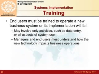 N.Karami, MIS-Spring 2012 
Management Information Systems 
IS Development 
Graduate School of 
Management & Economics 
23 
Systems Implementation 
Training 
• End users must be trained to operate a new 
business system or its implementation will fail 
– May involve only activities, such as data entry, 
or all aspects of system use 
– Managers and end users must understand how the 
new technology impacts business operations 
 