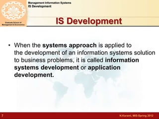 N.Karami, MIS-Spring 2012 
Management Information Systems 
IS Development 
Graduate School of 
Management & Economics 
7 
IS Development 
• When the systems approach is applied to 
the development of an information systems solution 
to business problems, it is called information 
systems development or application 
development. 
 