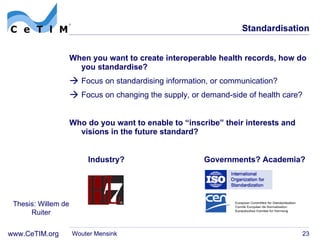 Standardisation When you want to create interoperable health records, how do you standardise? Focus on standardising information, or communication? Focus on changing the supply, or demand-side of health care? Who do you want to enable to  “inscribe” their interests and visions in the future standard?   Industry?   Governments? Academia? Wouter Mensink Thesis: Willem de Ruiter 