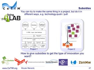 Subsidies You can try to make the same thing in a project, but do it in different ways, e.g. technology-push / pull: Project 1 Project 2 How to give subsidies to get the type of innovation you  want? Wouter Mensink 