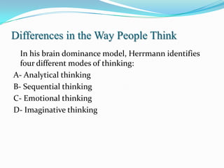 Differences in the Way People Think
  In his brain dominance model, Herrmann identifies
  four different modes of thinking:
A- Analytical thinking
B- Sequential thinking
C- Emotional thinking
D- Imaginative thinking
 