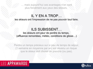 … mais aujourd’hui ces avantages n’en sont
plus forcément aux yeux des skieurs.
IL Y EN A TROP…
les skieurs ont l’impression de ne pas pouvoir tout faire.
ILS SUBISSENT…
les skieurs ont peur de perdre du temps,
(affluence remontées, météo, conditions de glisse…)
Perdre un temps précieux sur si peu de temps de séjour,
(1 semaine en moyenne par an) est devenu un risque
que le skieur doit choisir de prendre (ou pas).
 