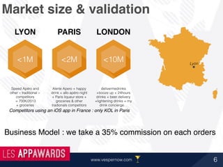 6www.vespernow.com
Market size & validation
Lyon
Competitors using an iOS app in France : only KOL in Paris
<1M <2M <10M
LYON PARIS LONDON
Speed Apéro and
other « traditional »
competitors
= 700K/2013
+ groceries
Alerte Apero + happy
drink + allo apéro night
+ Paris liqueur store +
groceries & other
tradionals competitors
delivermedrinks
+booze up + 24hours
drinks + beer delivery
+lightening drinks + my
drink concierge…
Business Model : we take a 35% commission on each orders
 