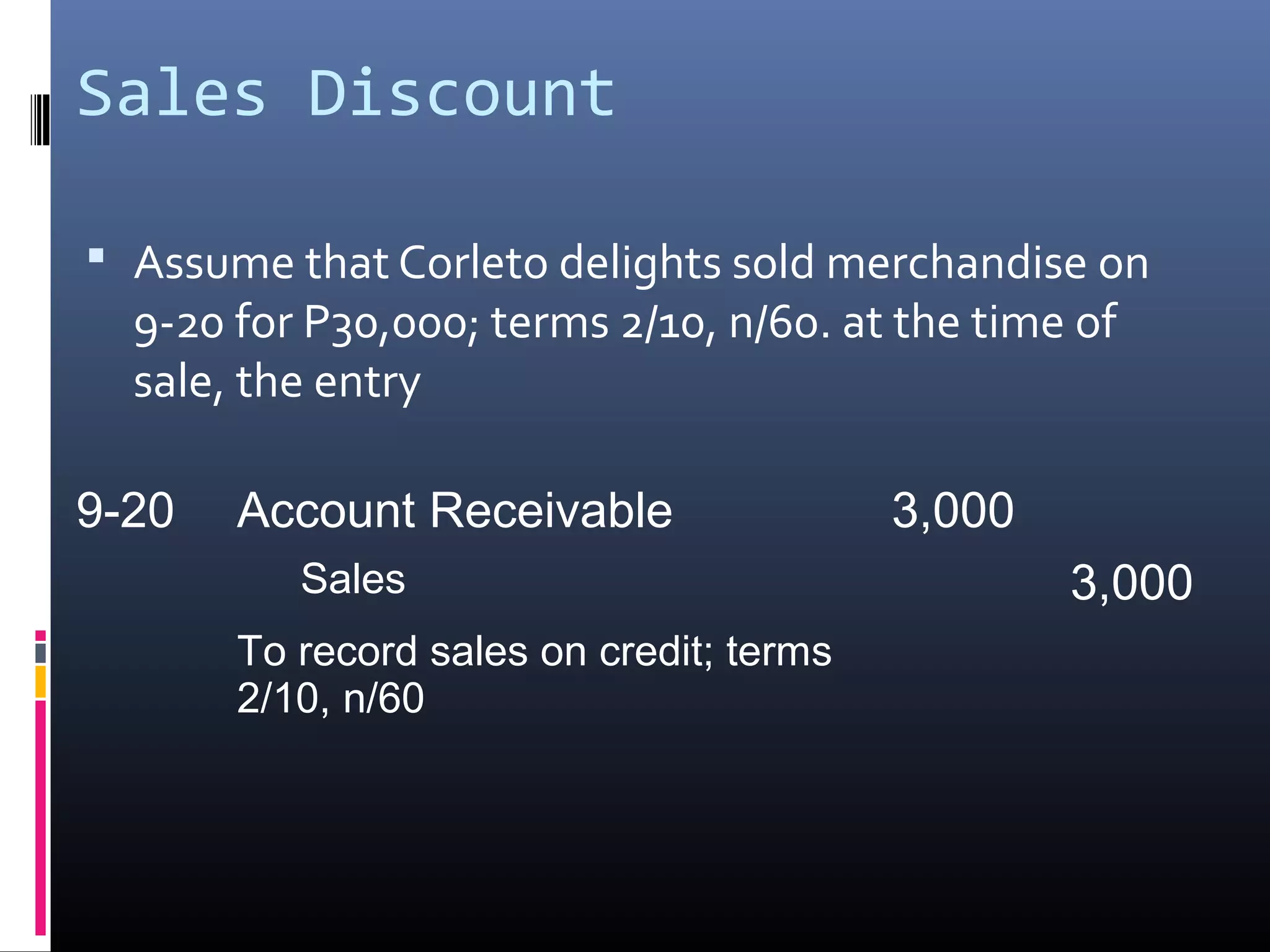 Sales Discount

 Assume that Corleto delights sold merchandise on
  9-20 for P30,000; terms 2/10, n/60. at the time of
  sale, the entry

9-20   Account Receivable                 3,000
          Sales                                   3,000
       To record sales on credit; terms
       2/10, n/60
 