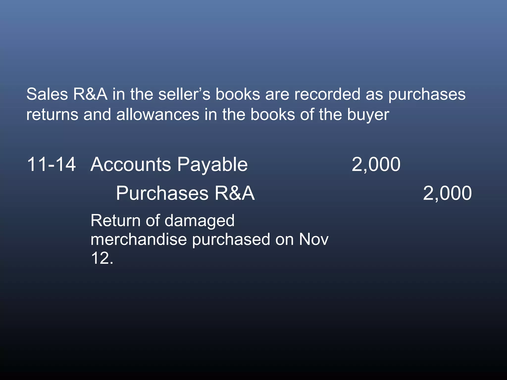 Sales R&A in the seller’s books are recorded as purchases
returns and allowances in the books of the buyer


11-14 Accounts Payable                    2,000
        Purchases R&A                              2,000
        Return of damaged
        merchandise purchased on Nov
        12.
 