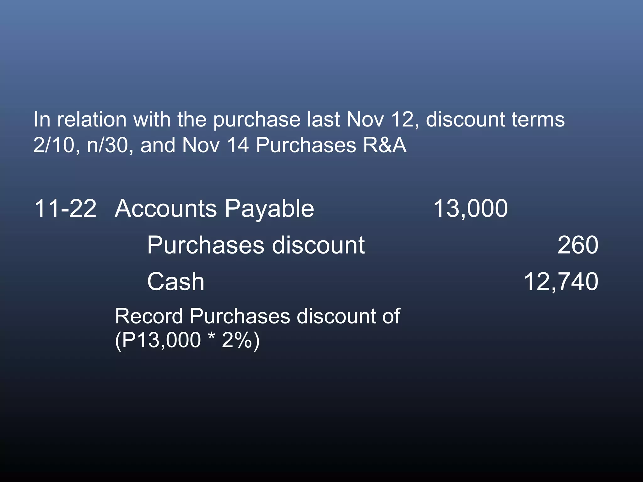 In relation with the purchase last Nov 12, discount terms
2/10, n/30, and Nov 14 Purchases R&A


11-22 Accounts Payable                    13,000
        Purchases discount                             260
        Cash                                        12,740
        Record Purchases discount of
        (P13,000 * 2%)
 