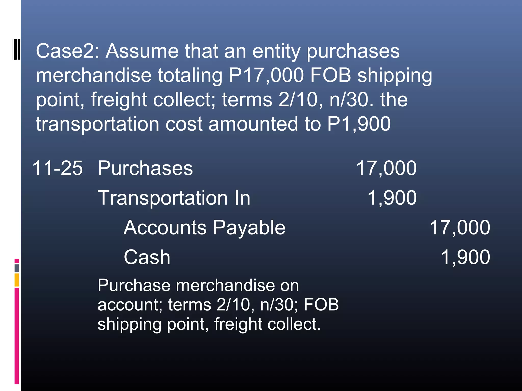 Case2: Assume that an entity purchases
merchandise totaling P17,000 FOB shipping
point, freight collect; terms 2/10, n/30. the
transportation cost amounted to P1,900

11-25 Purchases                          17,000
      Transportation In                   1,900
         Accounts Payable                         17,000
         Cash                                      1,900
      Purchase merchandise on
      account; terms 2/10, n/30; FOB
      shipping point, freight collect.
 