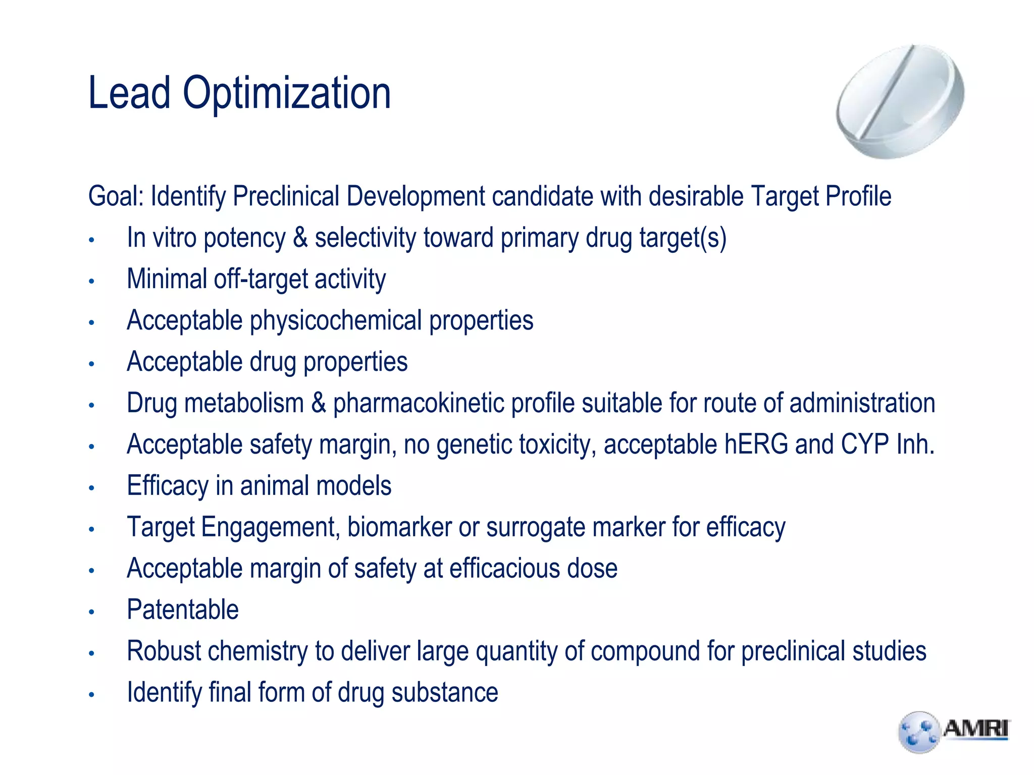 Lead Optimization

Goal: Identify Preclinical Development candidate with desirable Target Profile
•  In vitro potency & selectivity toward primary drug target(s)
•  Minimal off-target activity
•  Acceptable physicochemical properties
•  Acceptable drug properties
•  Drug metabolism & pharmacokinetic profile suitable for route of administration
•  Acceptable safety margin, no genetic toxicity, acceptable hERG and CYP Inh.
•  Efficacy in animal models
•  Target Engagement, biomarker or surrogate marker for efficacy
•  Acceptable margin of safety at efficacious dose
•  Patentable
•  Robust chemistry to deliver large quantity of compound for preclinical studies
•  Identify final form of drug substance
 